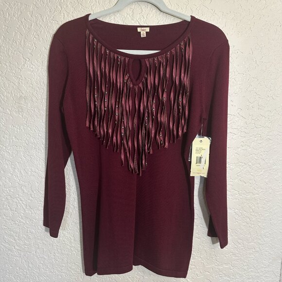Reba‎ Holiday Gems Merlot Sweater Small Tassel Keyhole Front Studded NWT - Picture 7 of 9